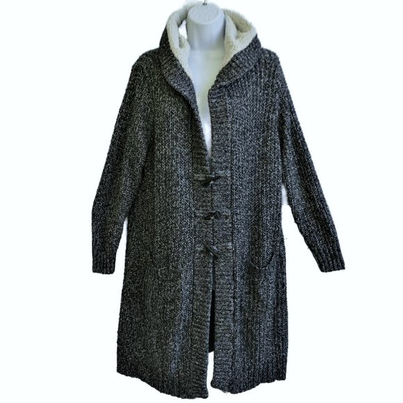 Torrid Cardigan Dark Grey Marled Longline Faux Sherpa Hood Toggle Pockets 2 - Picture 1 of 10